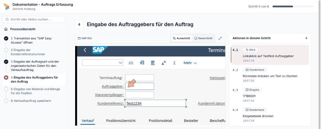 Generierte Schritt-für-Schritt-Anleitung: Schritt 4 mit SAP-Screenshot, markiertem Klick und den aufgezeichneten Aktionen
